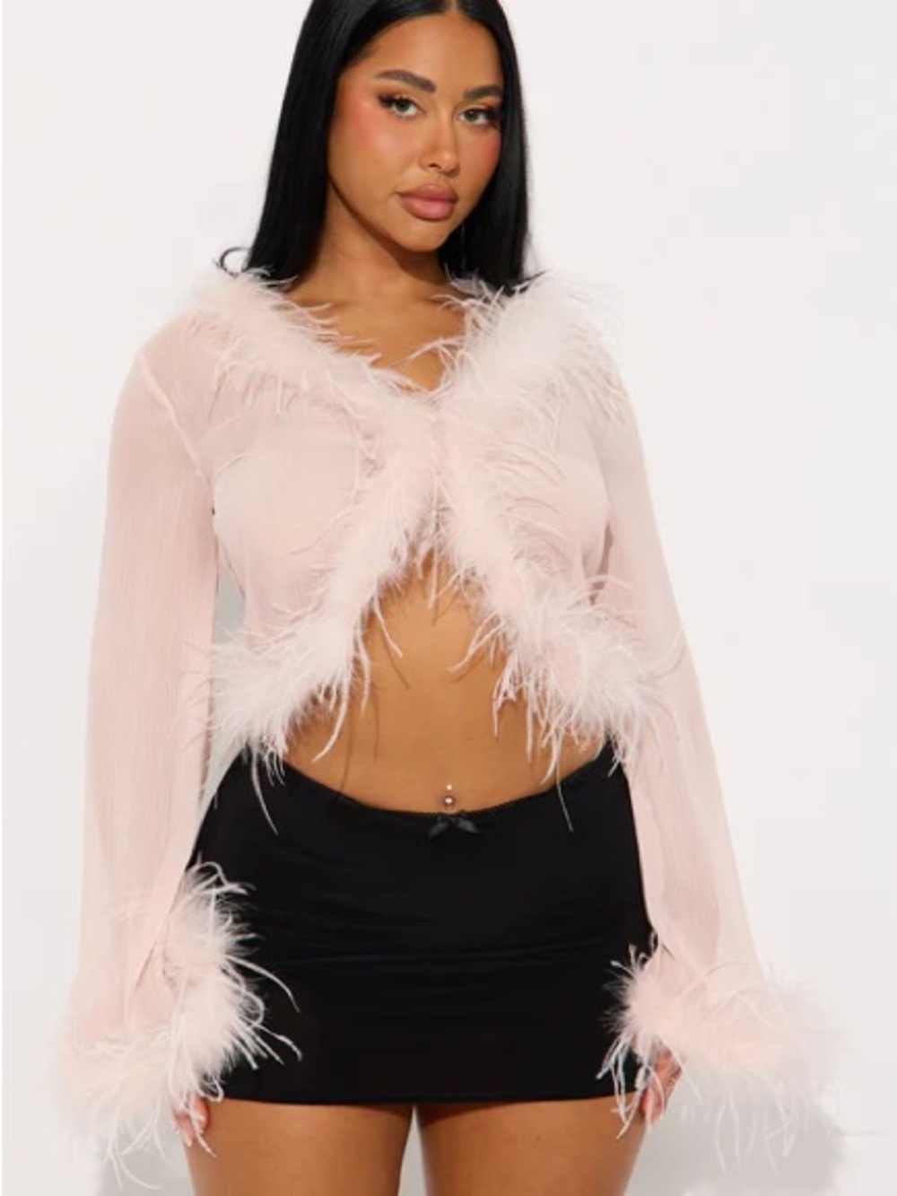 Soft Pink Feather-Trim Sheer Crop Cardigan